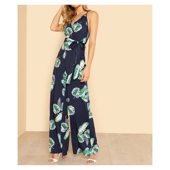 MBM Unlimited Pants - Blue Tropical Print Wide Leg Cami Jumpsuit